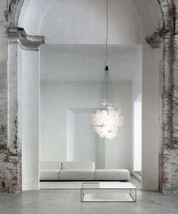 Stochastic Pendelleuchte / Kronleuchter 72 Kugeln und Stäbe, opal/stahl